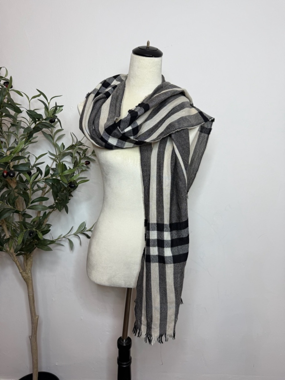 Burberry Black and Cream Plaid Fringe Scarf